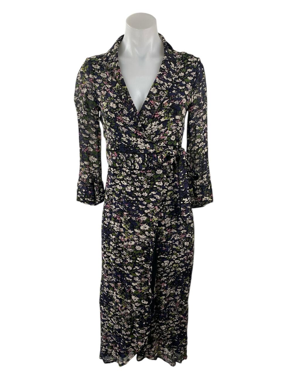 Ganni Georgette Multicolor Floral Long Sleeve Asymmetrical Hem Midi Wrap Dress M